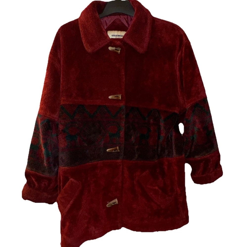 Vtg Mulberry Street Fleece Jacket Burgundy Southwestern Toggles Warm Women's M